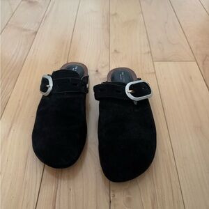 WORN ONCE Black Suede Buckle Mules